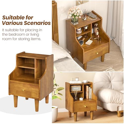 Solid Wood Nightstand with Drawers, Bookshelf Nightstand, Mid Century Modern Nightstands, Small Wood Night Stand with Open Shelf, Wooden End Side Table with Storage for Bedroom, Living Room (Walnut) - style: Bookshelf Nightstand