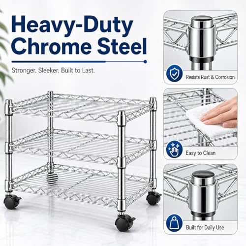 Simple Deluxe 3-Tier Storage Shelves, 750 Lbs Loading Capacity, 24.02" W x 13.78" D x 21.97" H Shelving Unit for Garage, Pantry and Kitchen, Chrome - size: 3-Tier, 24"W x 14"D x 22"H, style: 1 Pack