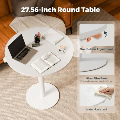 28" Pneumatic Height Adjustable Round Side Table, Gas Lift Pedestal Drink End Table, Small Accent Nightstand for Living Room Sofa Couch, White - color: White, size: 27.56"