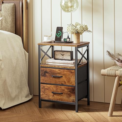 Huuger Nightstands Set of 2, Night Stand with Charger Station, 2 Drawer Side Table with Open Shelf, USB-C Port, End Table for Small Spaces, X Shaped Side Rail, Rustic Brown - color: Rustic Brown