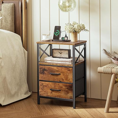 Huuger Nightstands Set of 2, Night Stand with Charger Station, 2 Drawer Side Table with Open Shelf, USB-C Port, End Table for Small Spaces, X Shaped Side Rail, Rustic Brown - color: Rustic Brown