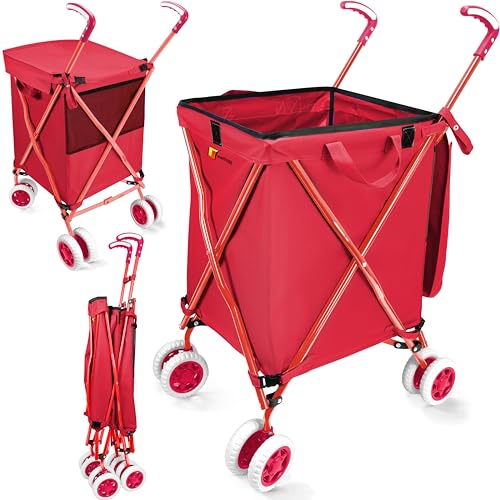 Wellmax Folding Shopping Cart with Canvas Bag & Cover, Holds 120 lb, Red | 360 Swivel Wheels, Lightweight Foldable Utility Cart, 24 Gallon Capacity, for Groceries, Laundry & Seniors, Rolling Cart - color: Red