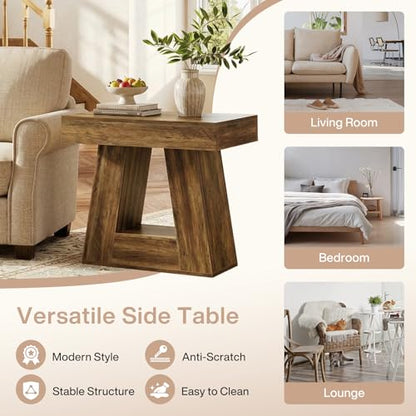 Tribesigns 24" Side Table, Narrow End Table with 2-Tier Storage Shelf, Farmhouse Wooden Nightstand Accent Table with Trapezoid Base for Living Room, Bedroom, Small Spaces, Brown - color: Brown