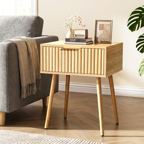 VINGLI Nightstands Set of 2, Fluted Night Stand with Drawer, Bedside Table, Wood Nightstand for Bedroom, Mid Century Modern End Tables, Natural Oak, 18.9" W*14.96" D*24" H - color: Oak, size: 19"W-1 Drawer