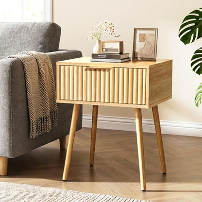 VINGLI Nightstands Set of 2, Fluted Night Stand with Drawer, Bedside Table, Wood Nightstand for Bedroom, Mid Century Modern End Tables, Natural Oak, 18.9" W*14.96" D*24" H - color: Oak, size: 19"W-1 Drawer