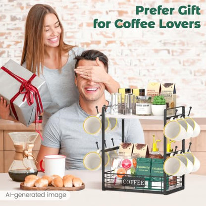 EsLuker.ly Coffee Mug Cup Holder Tree Bar Station Organizer, 2 Tier Mug Stand Rack for Countertop Kitchen, Storage Tower Display Shelf with 12 Hooks, Coffee Nook Enhancer, White-Black - color: White + Black