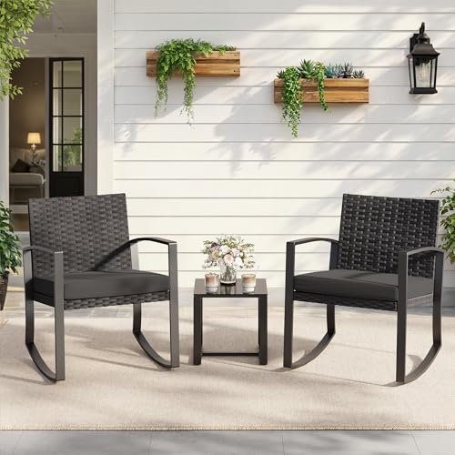Qsun 3 Pieces Patio Furniture Set Rocking Bistro Set, Outdoor Patio Furniture Set with Coffee Table for Garden Balcony Backyard Poolside (Black Cushion) - color: Black