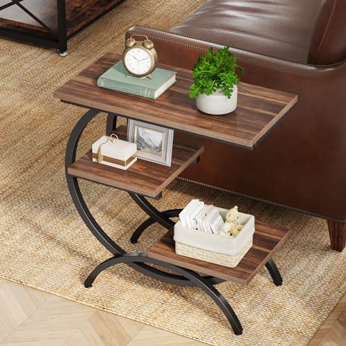 Tribesigns C-Shaped End Table Set of 2, Industrial 3-Tier Small Side Table for Couch, Wood Bedside Table Snack Side Table with Storage Shelves for Living Room Small Space, Rustic Brown - color: Rustic Brown
