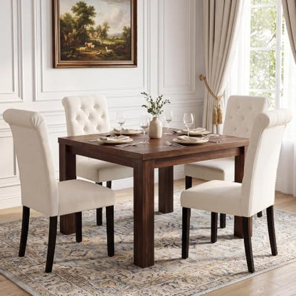 LSSBOUGHT Upholstered Dining Chairs Set of 4,Tufted Parsons Kitchen Chair with Solid Wood Legs, Modern Towel Fabric Side Chair for Dining Room/Restaurant(4pcs,Beige) - color: Beige-fabric, size: Set of 4