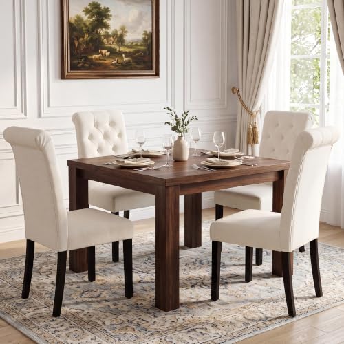 LSSBOUGHT Upholstered Dining Chairs Set of 4,Tufted Parsons Kitchen Chair with Solid Wood Legs, Modern Towel Fabric Side Chair for Dining Room/Restaurant(4pcs,Beige) - color: Beige-fabric, size: Set of 4