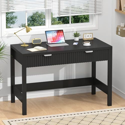 YOMILUVE Fluted Computer Desk with 2 Drawers, 39 Inch Small Computer Desk with Storage, Compact Writing Study Desk for Small Spaces, Black - color: Black