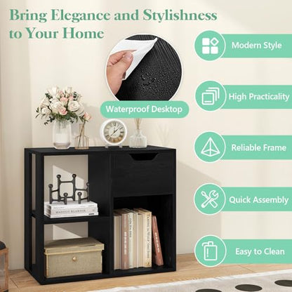Giantex 3 Cube Bookcase with Drawer Set of 2, 2 Tier Bookshelf for Small Spaces, Modern Freestanding Display Rack with Open Shelves, Book Case, Wood Cube Storage Organizer Bedroom Living Room, Black - color: Black