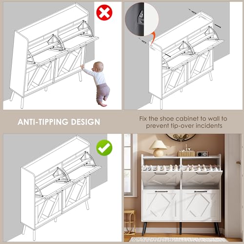 Shoe Cabinet with 4 Flip Drawers, Freestanding Shoe Organizer Cabinet with Metal Legs, Farmhouse Slim Shoe Rack Cabinet for Entryway, Foyer, Hallway, White - color: Pure White