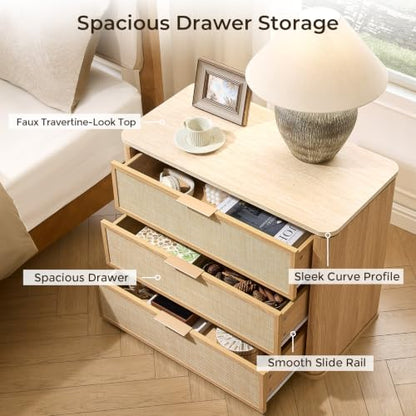 Night Stand, 30.71" W Rattan Nightstand with 3 Drawers, Faux Marble Top Bedside Table, Boho Mid Century End Table for Bedroom Living Room Sofa Office, Natural Oak [FSC Certified] - color: Natural Oak, size: 15.63"D x 30.71"W x 23.94"H（3 Drawer）