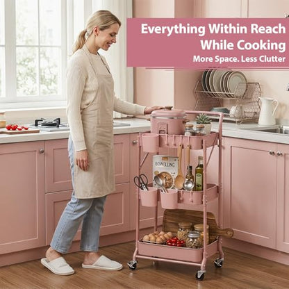 Amatic 3-Tier Folding Rolling Utility Cart with Wheels, Foldable Storage Cart Organizer with 3 Hanging Cups & 6 Hooks for Kitchen, Office, Living Room, Nursery(Pink) - color: Pink