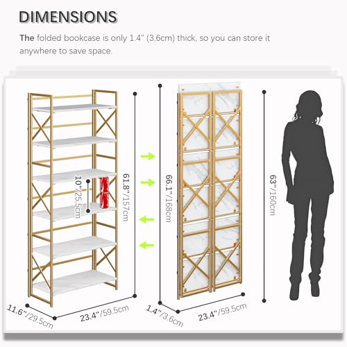 4NM 6 Tiers No Assembly Book Shelves, 61.8" H Folding Bookshelf Bookcase Open Industrial Foldable Shelves for Bedroom, Living Room, Home Office - White Gold - color: White Gold, size: XX 6-Tier