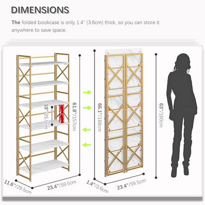 4NM 6 Tiers No Assembly Book Shelves, 61.8" H Folding Bookshelf Bookcase Open Industrial Foldable Shelves for Bedroom, Living Room, Home Office - White Gold - color: White Gold, size: XX 6-Tier