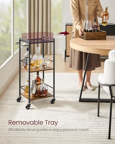 VASAGLE Kitchen Serving Cart with Removable Tray, 3-Tier Kitchen Utility Cart on Wheels with Storage, with Brakes, Leveling Feet, 11.8 x 13.7 x 33.9 Inches, Rustic Brown and Black ULRC062B01 - color: Rustic Brown + Black, size: 11.8"D x 13.7"W x 33.9"H