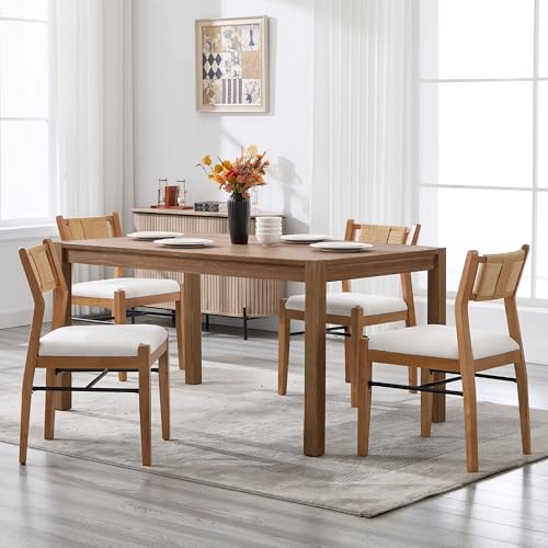 BESTANO Modern Armless Dining Chairs with Rope Woven Back Set of 4, Beige Linen Fabric Upholstered Kitchen & Dining Room Chairs, Mid-Century Classic Farmhouse Wooden Side Chair - color: Beige, size: 4 Chairs