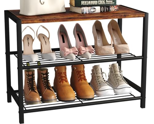 Yusong Shoe Rack Organizer, 3 Tier Industrial Shoe Storage Shelf for Closet Entryway, Narrow Sturdy Metal Shoe Shelves, Rustic Brown - color: Rustic Brown, size: 3 Tier