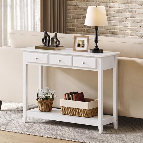 Yaheetech Console Table with 3 Drawers, 42" Entryway Table with Storage Shelves, Narrow Long Sofa Couch Tables for Living Room, Hallway, Foyer, Hall, White - color: White