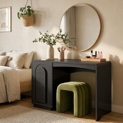 Bestier Computer Desk with Drawer, 47 Inch Wood Home Office Desk with Storage & Cabinet, Modern Arched Curved Design Office Desks for Writing Study Bedroom, Black - color: Black
