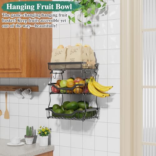 OKZEST 3-Tier Fruit Basket Fits Under Standard Upper Cabinet, 17.2" Tall | 2-In-1 Wall Mount & Countertop. Ultra-Fine Mesh Top Basket & Banana Hangers, Holds Potato, Onion, Bread, Snack, Fruit, Veggie - size: 3-Tier (Top basket with ultra-fine mesh)