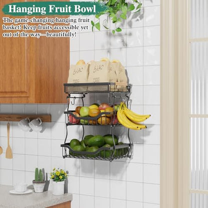 OKZEST 3-Tier Fruit Basket Fits Under Standard Upper Cabinet, 17.2" Tall | 2-In-1 Wall Mount & Countertop. Ultra-Fine Mesh Top Basket & Banana Hangers, Holds Potato, Onion, Bread, Snack, Fruit, Veggie - size: 3-Tier (Top basket with ultra-fine mesh)