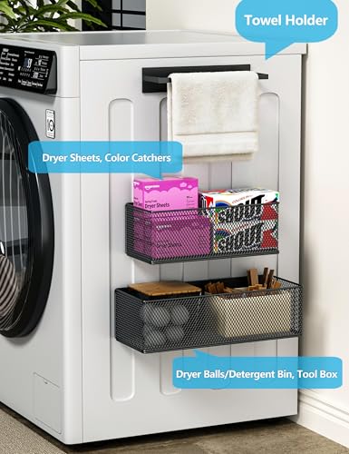 Buyyyit Magnetic Laundry Organizer Room Organization Dryer Ball Holder Basket Storage Shelves Hanger Rack (Black)