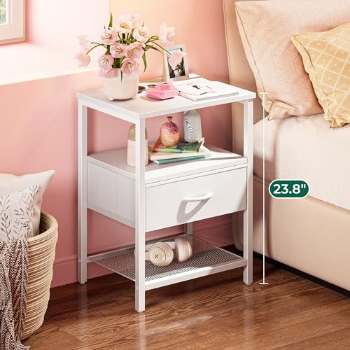 Huuger Nightstand Set of 2, Night Stand with Fabric Drawer, Mesh Shelf, Side Table with Storage, Fabric Drawer Dresser, Open Shelf, Metal Frame, Bedroom, White - color: White