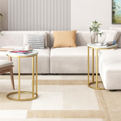 Function Home C Table End Table, Marble C Shaped Sofa Side Table, Couch Tables that Slide Under, Snack Accent Table for Living Room Bedroom Small Space, Marble Top and Gold Metal Frame - color: Round Gold