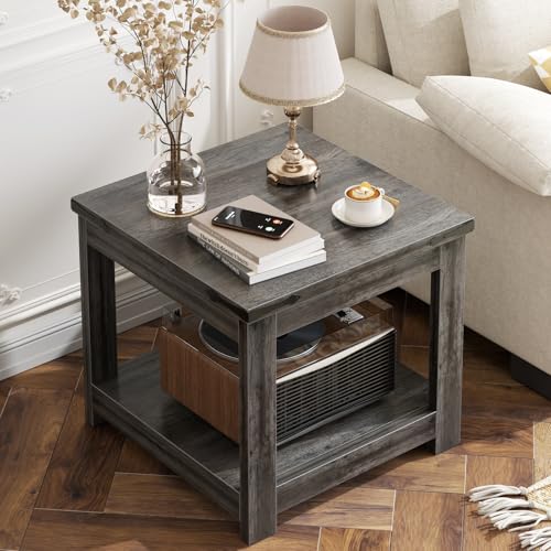 Homieasy 20" End Table with Storage Shelf, Square Farmhouse Bedside Table, Grey - color: Grey