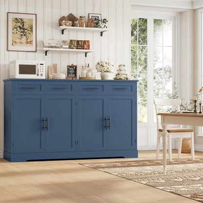 HOSTACK 60" W Sideboard Buffet Cabinet with Storage, Kitchen Cabinet, Blue | 36" Tall Kitchen Buffet Storage Cabinet with 4 Drawers, Large Coffee Bar Cabinet, Modern Buffet Table for Dining Living Room - color: Blue
