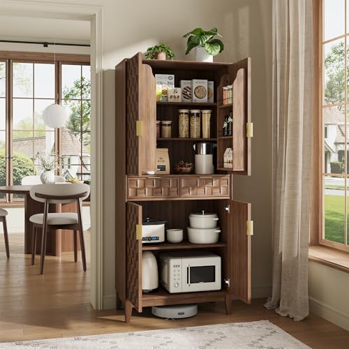 Pantry Cabinet, 71" Tall Pantry Cabinet,Modern Kitchen Cabinet with Doors, Drawers & Adjustable Shelves, Freestanding Food Pantry Cupboard with Side Rack for Kitchen Dining Room,Walnut - color: Walnut