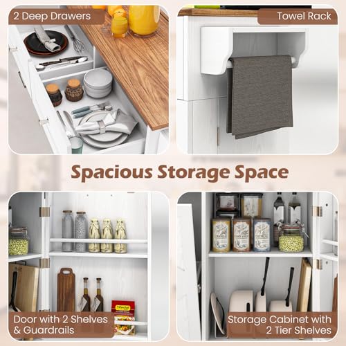 Giantex Kitchen Island Cart with Hidden Tilt Out Trash Can Cabinet, Drop Leaf, 2 Drawers, Towel Rack, Rolling Mobile Breakfast Bar Table, Wood Kitchen Storage Cart on Wheels (White & Natural) - color: White