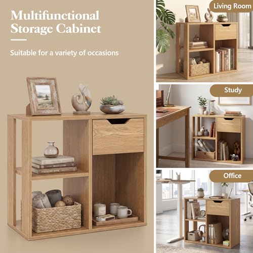 Giantex 3 Cube Bookcase with Drawer, 2 Tier Bookshelf for Small Space, Modern Freestanding Display Rack with Open Shelves, Natural Book Case, Wood Cube Storage Organizer Bedroom Living Room, 2 Pack - color: Natural