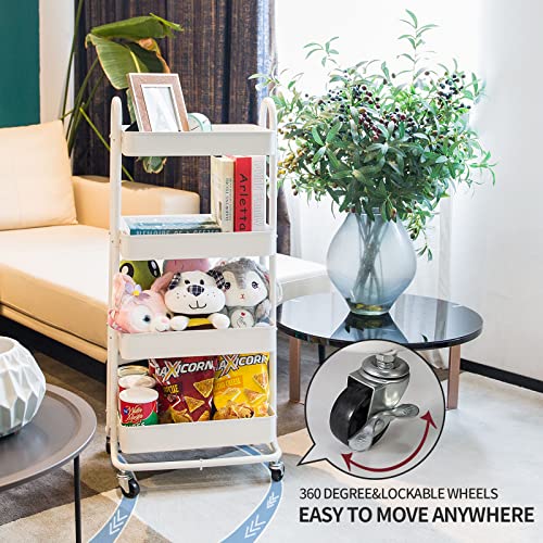 elabo 4-Tier Metal Mesh Utility Rolling Cart, Storage Organizer Trolley Services Cart with Lockable Wheels for Kitchen, Bathroom, Living Room (White) - color: White
