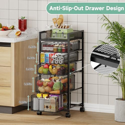 keomaisyto 6-Tier Kitchen Storage Cart with Top Basket & Drawers, Utility Fruit Vegetable Storage Rack on Lockable Wheels, Metal Rolling Snack Cart, Kitchen Organization for Potatoe Onion Can Spice - size: 6-Tier