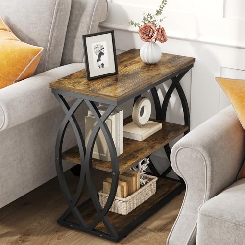 End Table, Narrow Side Table, 3-Tier End Table with Metal Frame, Living Room Side Table with Storage for Couch, Sofa, Bedroom, Small Spaces, Easy Assembly, 23.6"D*11.8"W*23.6"H, Rustic Brown