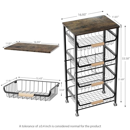JAQ 5-Tier Fruit Vegetable Storage Cart with Wood Top, Rolling Kitchen Basket Organizer with Ergonomic Wood Handle & Wheels for Snacks Produce, Heavy Duty Metal Vianderos para Cocina Modernos, Black - color: 5-tier/Black