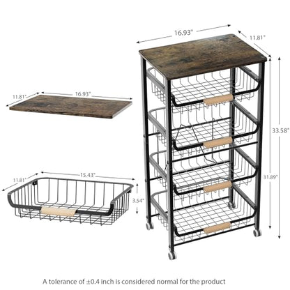 JAQ 5-Tier Fruit Vegetable Storage Cart with Wood Top, Rolling Kitchen Basket Organizer with Ergonomic Wood Handle & Wheels for Snacks Produce, Heavy Duty Metal Vianderos para Cocina Modernos, Black - color: 5-tier/Black
