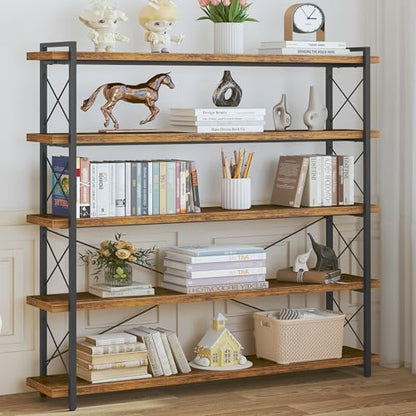 HCHQHS Large Bookshelf, 5-Tier Long Industrial Bookcase, Rustic Brown Book Shelf, Freestanding Horizontal Bookshelves with Metal Frame - color: Rustic Brown, size: 5-Tier (56.7"W x 65.7"H)