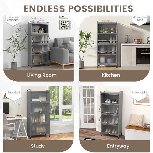 5-Tier Kitchen Storage Cabinet, Mobile Microwave Stand with Metal Frame, 4 Lockable Casters & Flip-up PC Doors, Freestanding Bakers Rack for Kitchen, Dining Room, Living Room (Grey) - color: Grey