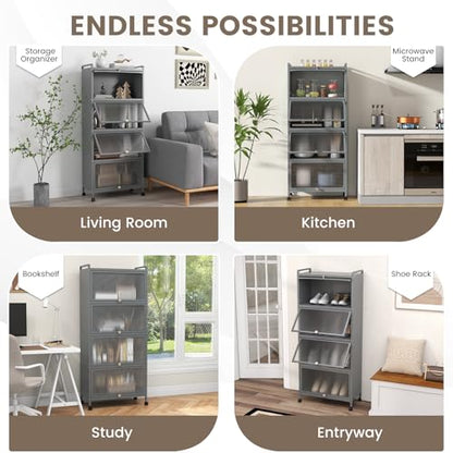 5-Tier Kitchen Storage Cabinet, Mobile Microwave Stand with Metal Frame, 4 Lockable Casters & Flip-up PC Doors, Freestanding Bakers Rack for Kitchen, Dining Room, Living Room (Grey) - color: Grey