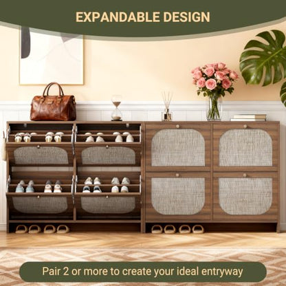 Freestanding Ultra Slim Arched Accent Entryway Shoe Storage - 4 Flip Drawers & 3-Tier Adjustable Shelves, Modern Slim Shoe Cabinet for Hallway, Foyer (flip Down Shoe Cabinet | Amber Oak) - color: Brown