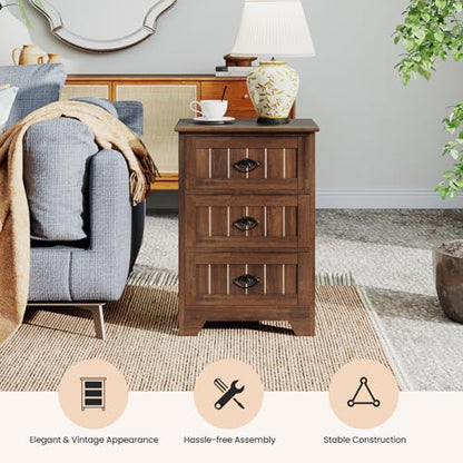 Giantex Nightstand with 3 Drawers, Bedside Table with Exquisite Metal Handles, Accent Table Sofa Side Table with Anti-toppling Device for Bedroom, Study, Walnut - color: Walnut