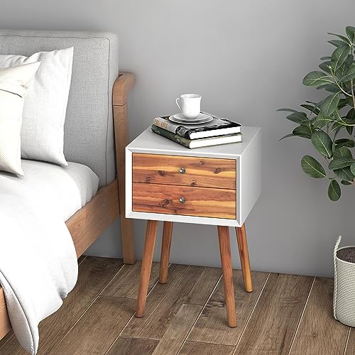GOFLAME Nightstand with 2 Drawers, Small Wooden Side Table, Mid Century Modern Bedside Table with Storage, Compact End Table for Bedroom, Easy Assembly, White & Natural - color: White & Natural