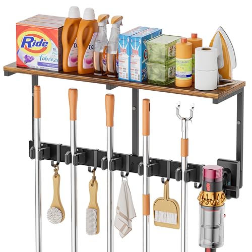 Broom Holder Wall Mount with Cleaning Supplies Organizer, Laundry Room Organization and Storage Shelves with Mop Hanger Rack Gripper Hooks, Utility Shelf Closet Organizer for Home Garage Kitchen - size: Large