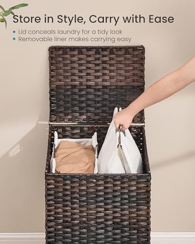 SONGMICS 2-Section Laundry Hamper with Lid, 29 Gal (110L) PE Rattan Laundry Basket with Removable Washable Liners, for Bedroom & Living Room, Chestnut Brown ULCB222ME01 - color: Chestnut Brown, size: 110 L (2 Basket)