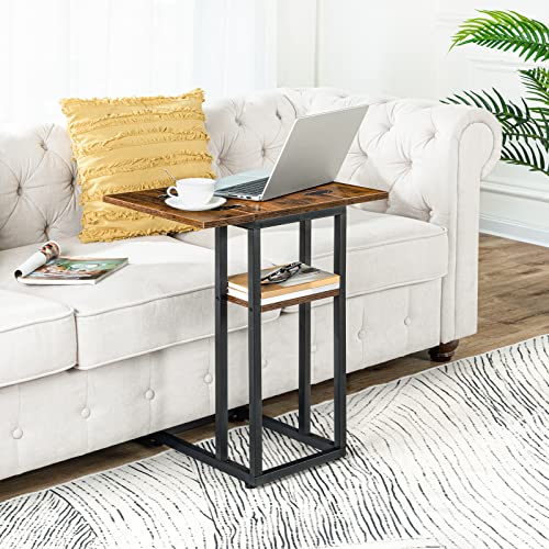 HOOBRO Foldable C Shaped End Table, C Shaped Side Table with Storage Shelf, Small Snack Table, Slide Under Couch Table for Sofa, Living Room Bedroom Small Spaces Easy Assembly, Rustic Brown BF29SF01 - color: Rustic Brown + Black